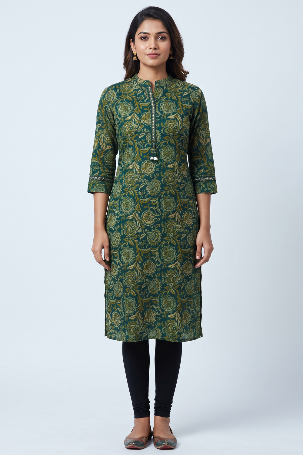 Women's Prints Cotton Blend Kurti with Mandarin Collar, 3/4 Sleeve and Regular Fit - Below Knee | Casual Ethnic Wear Kurti for Daily Wear & Casual Outings - F126