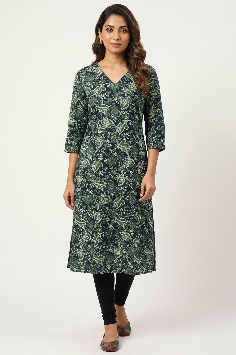 Women's Prints Cotton Blend Kurti with V Neck, 3/4 Sleeve and Regular Fit - Below Knee | Casual Ethnic Wear Kurti for Daily Wear & Casual Outings - F127