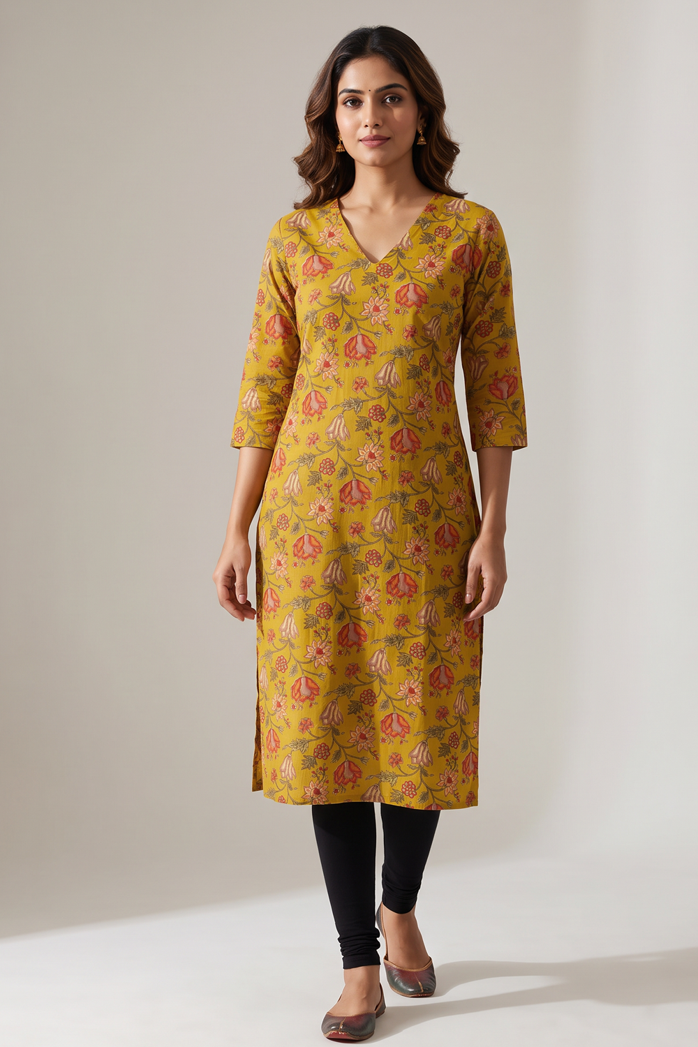 Women's Prints Cotton Blend Kurti with V Neck, 3/4 Sleeve and Regular Fit - Below Knee | Casual Ethnic Wear Kurti for Daily Wear & Casual Outings - F127