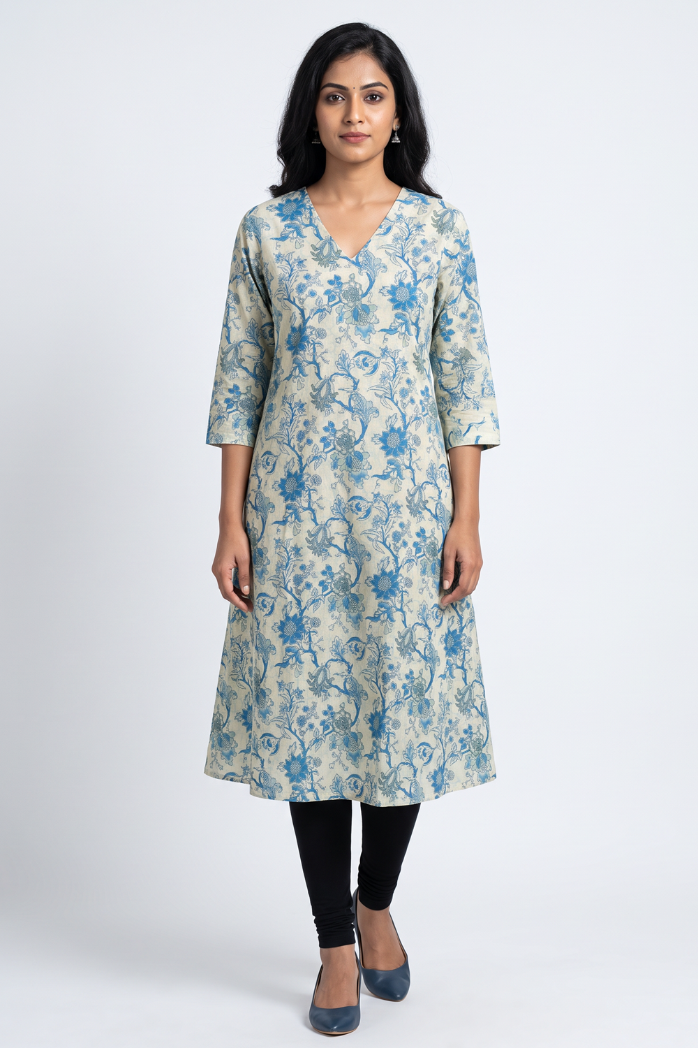 Women's Prints Cotton Blend Kurti with V Neck, 3/4 Sleeve and Regular Fit - Below Knee | Casual Ethnic Wear Kurti for Daily Wear & Casual Outings - F127