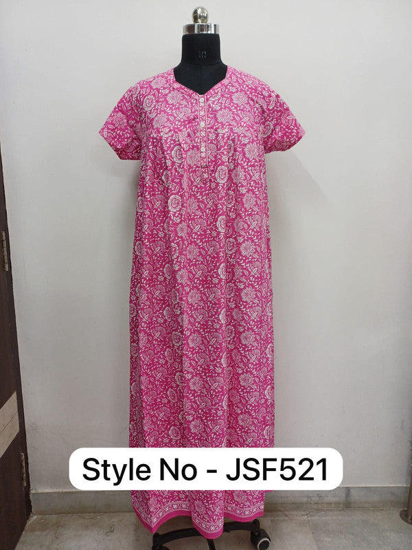 Women's Nighty Cotton Blend Full Length Printed Night Dress Comfortable Sleepwear for Women - Pink - 521A