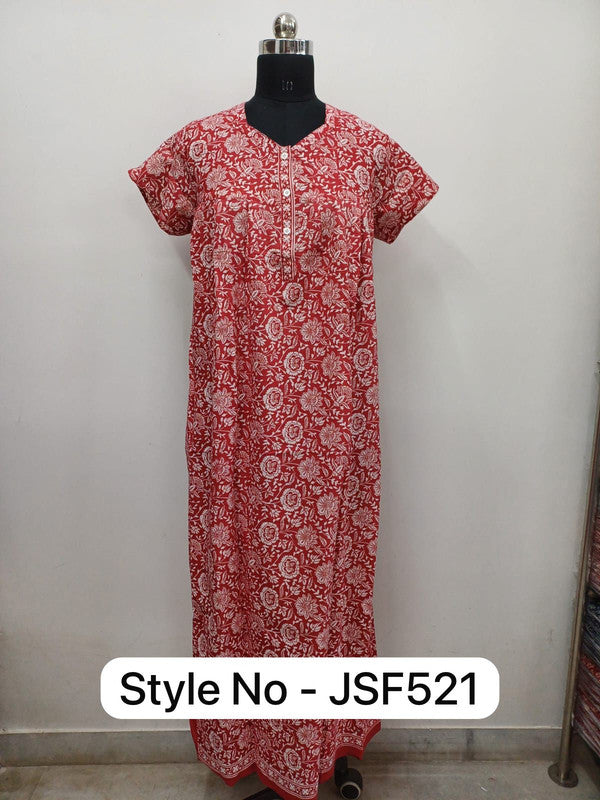 Women's Nighty Cotton Blend Full Length Printed Night Dress Comfortable Sleepwear for Women - Red - 521A