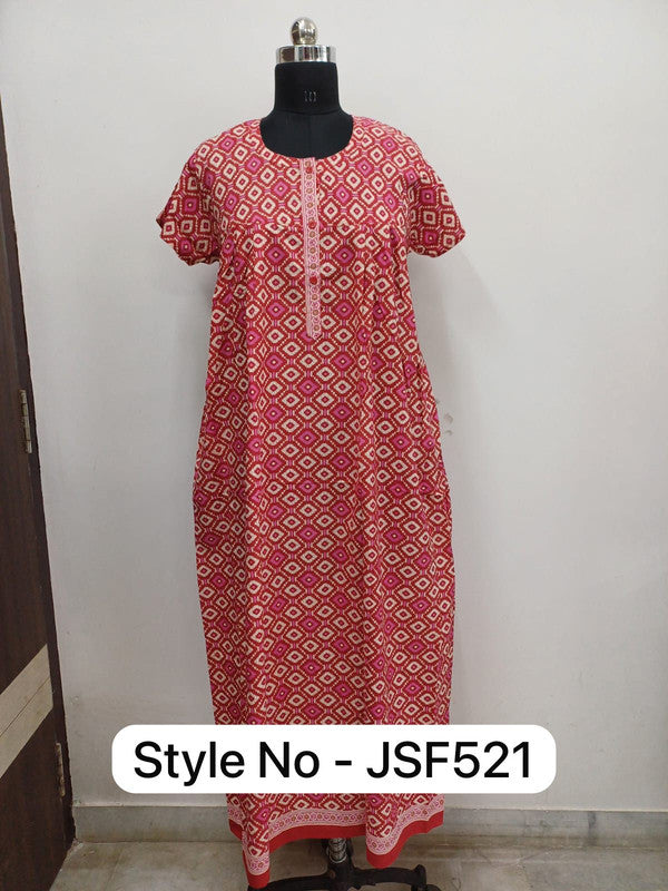 Women's Nighty Cotton Blend Full Length Printed Night Dress Comfortable Sleepwear for Women - Pink - 521B