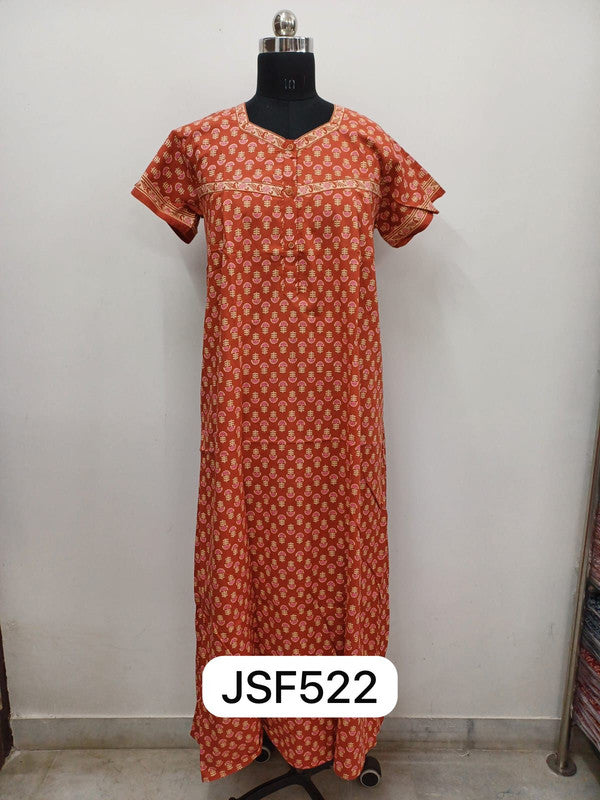 Women’s Nighty Cotton Blend Full Length Printed Night Dress Comfortable Sleepwear for Women - Rust - 522A