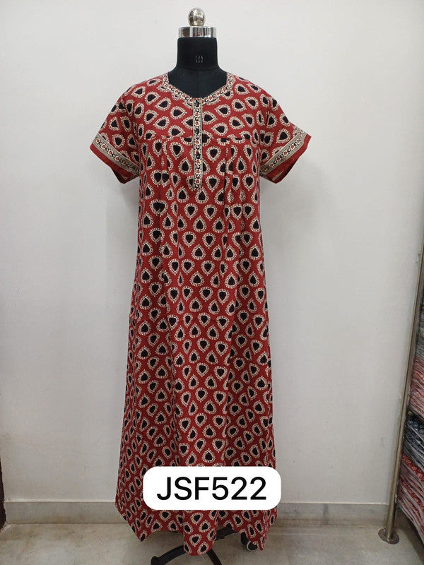 Women's Nighty Cotton Blend Full Length Printed Night Dress Comfortable Sleepwear for Women - Red - 522C