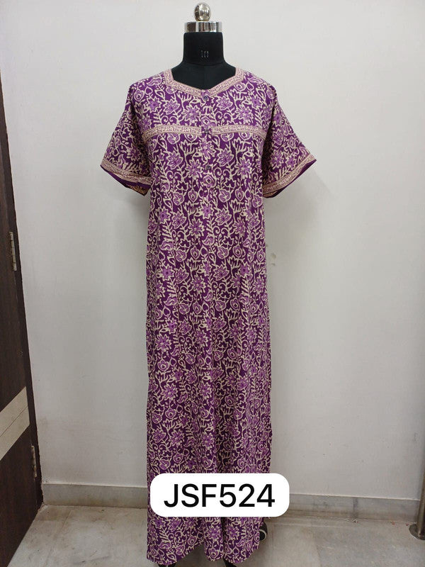 Women's Nighty Cotton Blend Full Length Printed Night Dress Comfortable Sleepwear for Women - Purple - 524A