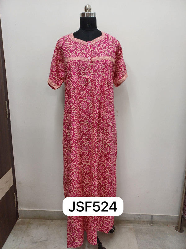 Women's Nighty Cotton Blend Full Length Printed Night Dress Comfortable Sleepwear for Women - Pink - 524A