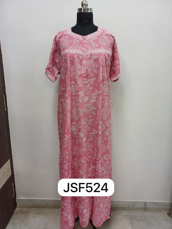 Women's Nighty Cotton Blend Full Length Printed Night Dress Comfortable Sleepwear for Women - Pink - 524D