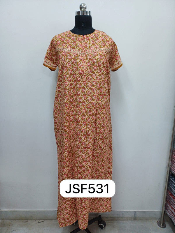 Women's Nighty Cotton Blend Full Length Printed Night Dress Comfortable Sleepwear for Women - Mustard - 531A