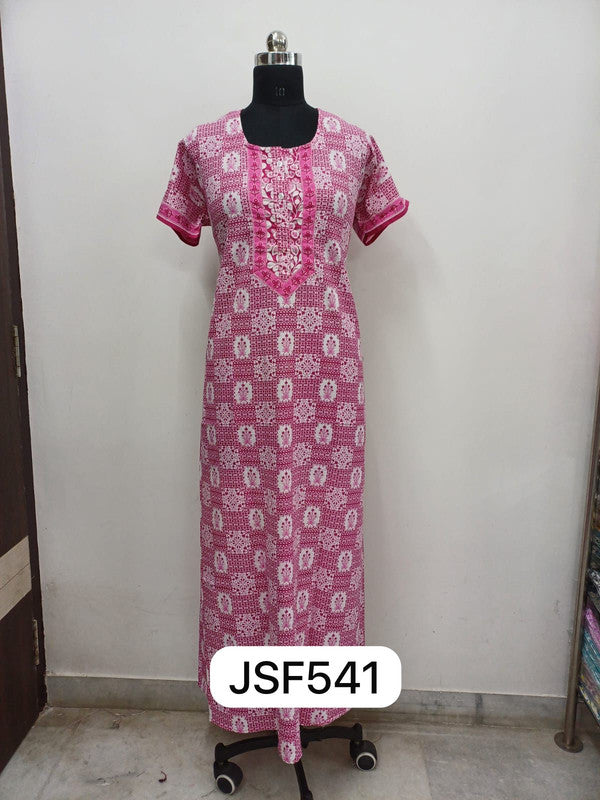 Women's Nighty Cotton Blend Full Length Printed Night Dress Comfortable Sleepwear for Women - Pink - 541A