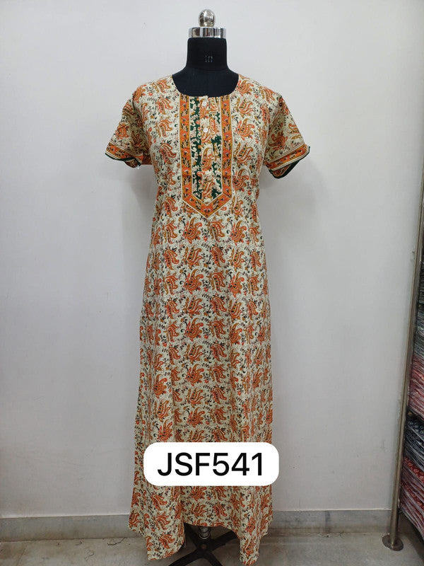 Women's Nighty Cotton Blend Full Length Printed Night Dress Comfortable Sleepwear for Women - Mustard - 541D