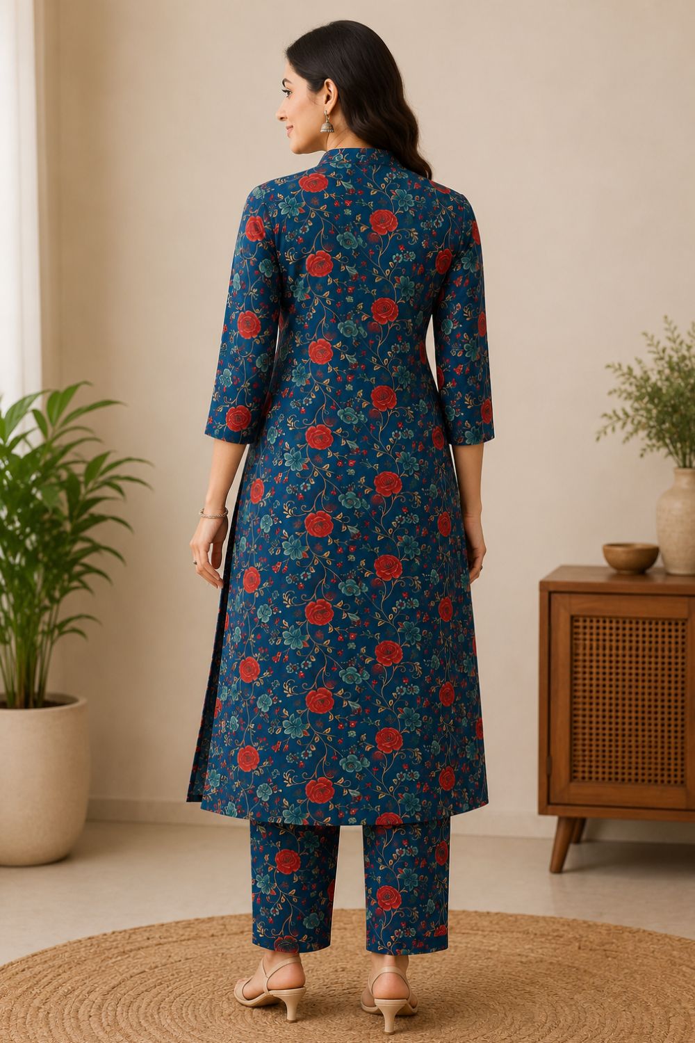 Women's Cotton Blend Printed Kurti Set | Mandarin Collar 3/4 Sleeve Ethnic Kurta Set for Women | Regular Fit Below Knee Daily & Office Wear - JS85