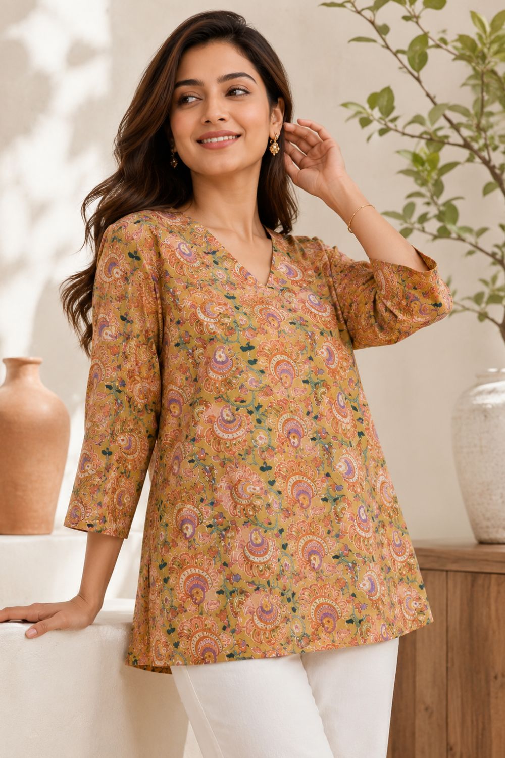 Women's Cotton Blend Printed Top | V-Neck 3/4 Sleeve Casual Top for Women | Everyday Regular Fit Fashion Top - JS21