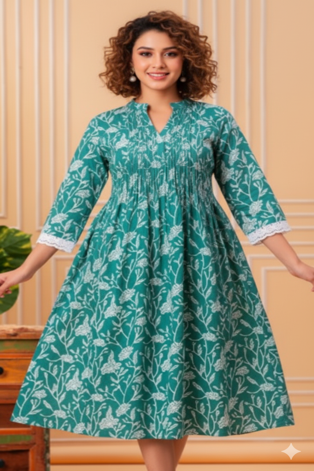 Mythri Women’s Cotton Cambric Kurthi | Flared Ethnic Wear with Underbust Gathers & Lace-Trimmed Sleeves - Green - K001