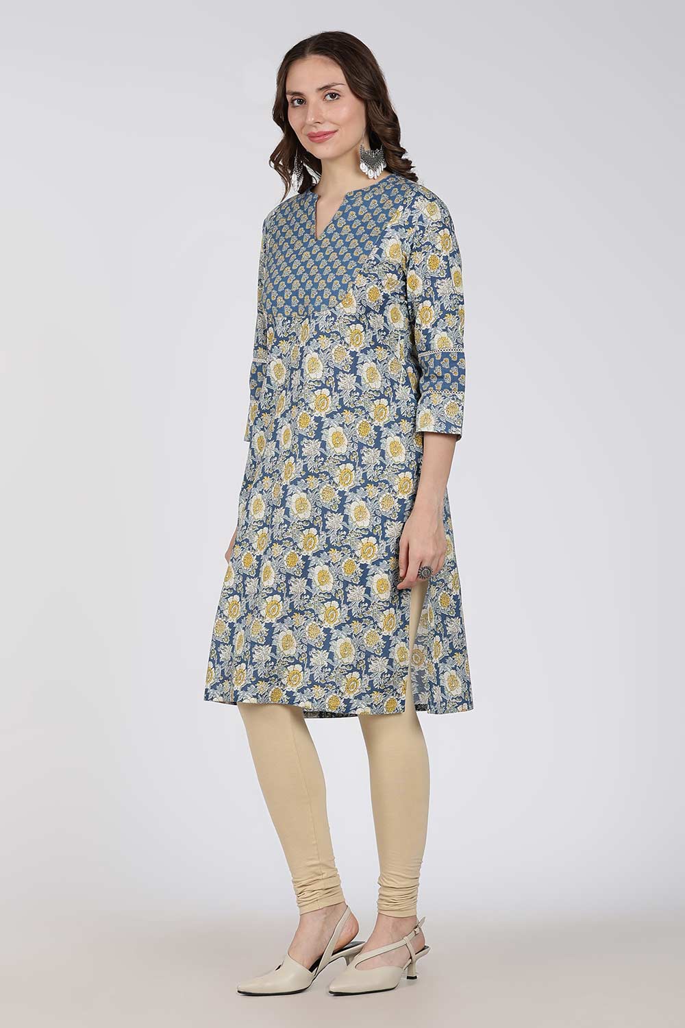 Mythri Women’s Cotton Embroidered Kurti – Straight Fit Ethnic Kurta with V Notch Neck & Lace Detail | Casual Wear, Office Wear & Daily Wear Kurti for Women - K118