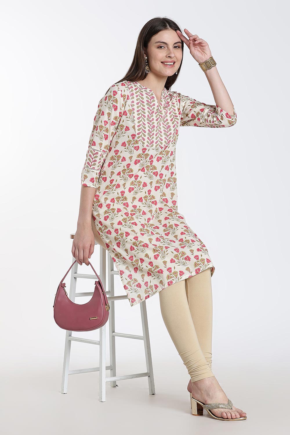 Mythri Women’s Cotton Embroidered Kurti – Straight Fit Ethnic Kurta with V Notch Neck & Lace Detail | Casual Wear, Office Wear & Daily Wear Kurti for Women - K118