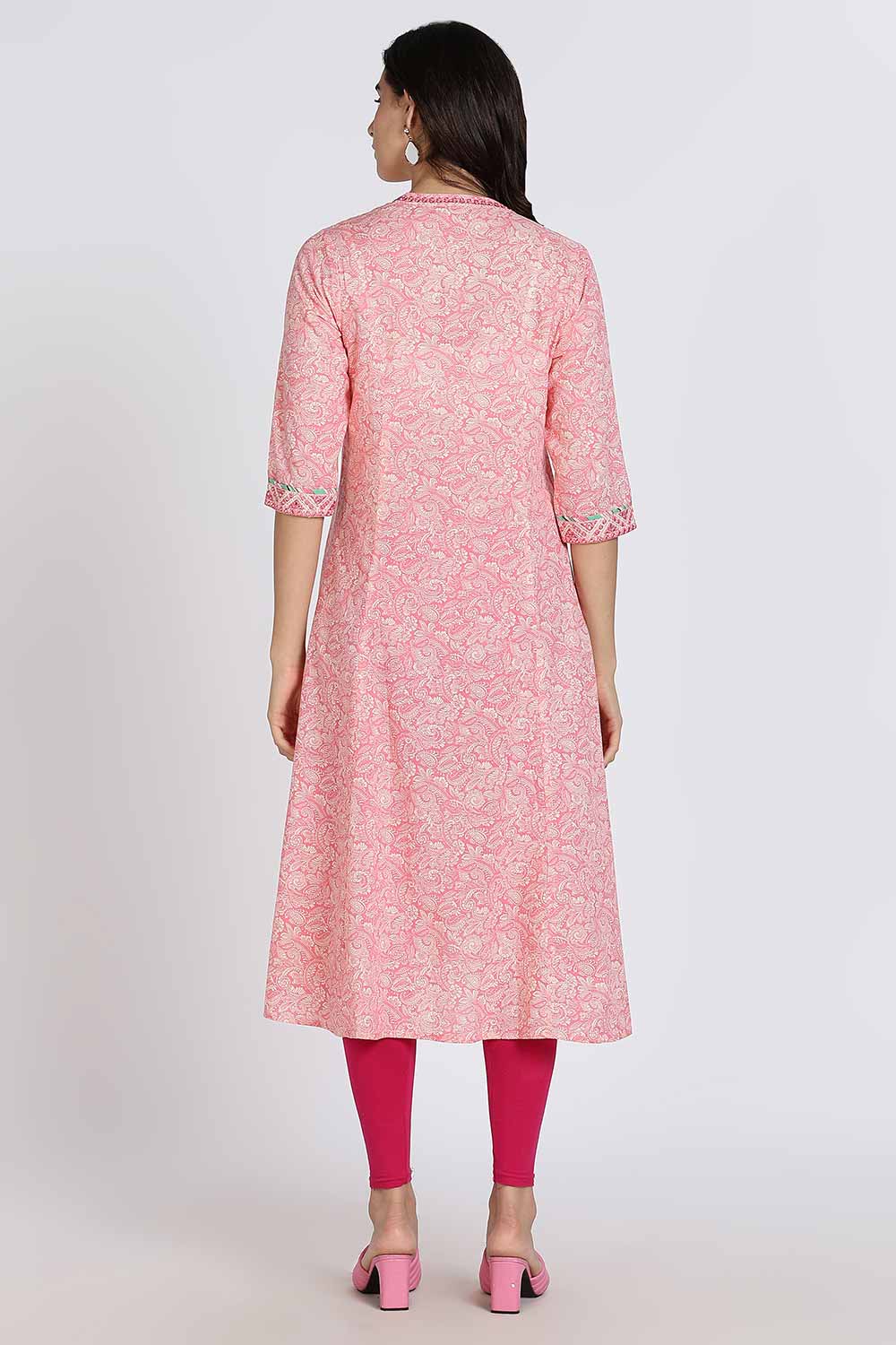Mythri Women’s Cotton Cambric Kurthi | Flared Ethnic Wear with Pintucks, V-Slit Neck & Tassel Detail - Pink - K806