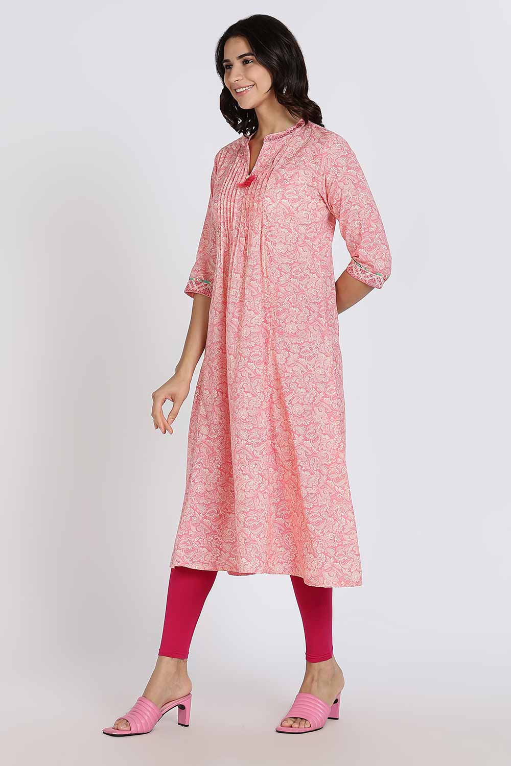 Mythri Women’s Cotton Cambric Kurthi | Flared Ethnic Wear with Pintucks, V-Slit Neck & Tassel Detail - Pink - K806