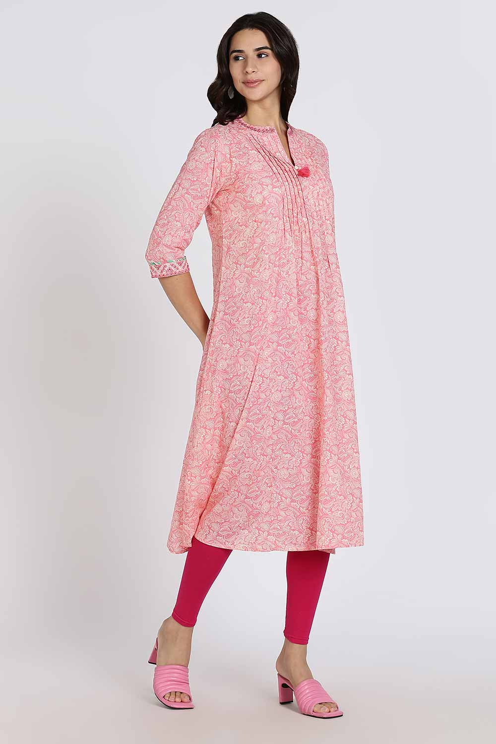 Mythri Women’s Cotton Cambric Kurthi | Flared Ethnic Wear with Pintucks, V-Slit Neck & Tassel Detail - Pink - K806