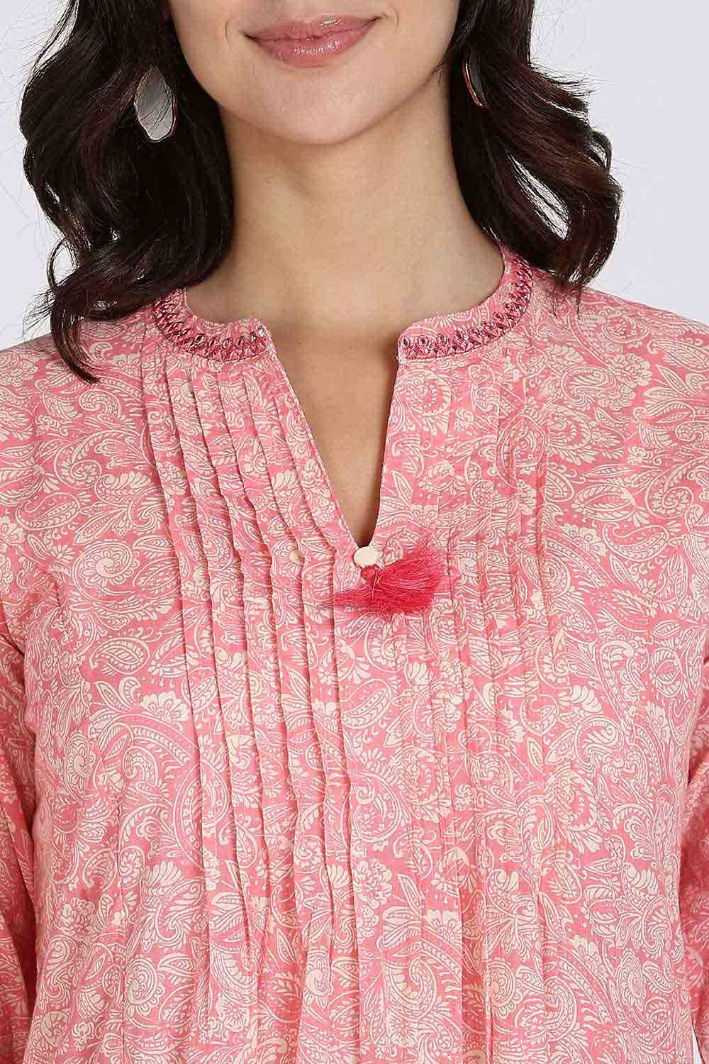 Mythri Women’s Cotton Cambric Kurthi | Flared Ethnic Wear with Pintucks, V-Slit Neck & Tassel Detail - Pink - K806