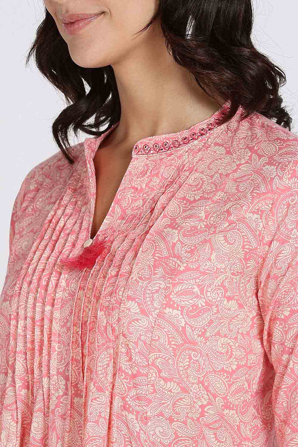 Mythri Women’s Cotton Cambric Kurthi | Flared Ethnic Wear with Pintucks, V-Slit Neck & Tassel Detail - Pink - K806