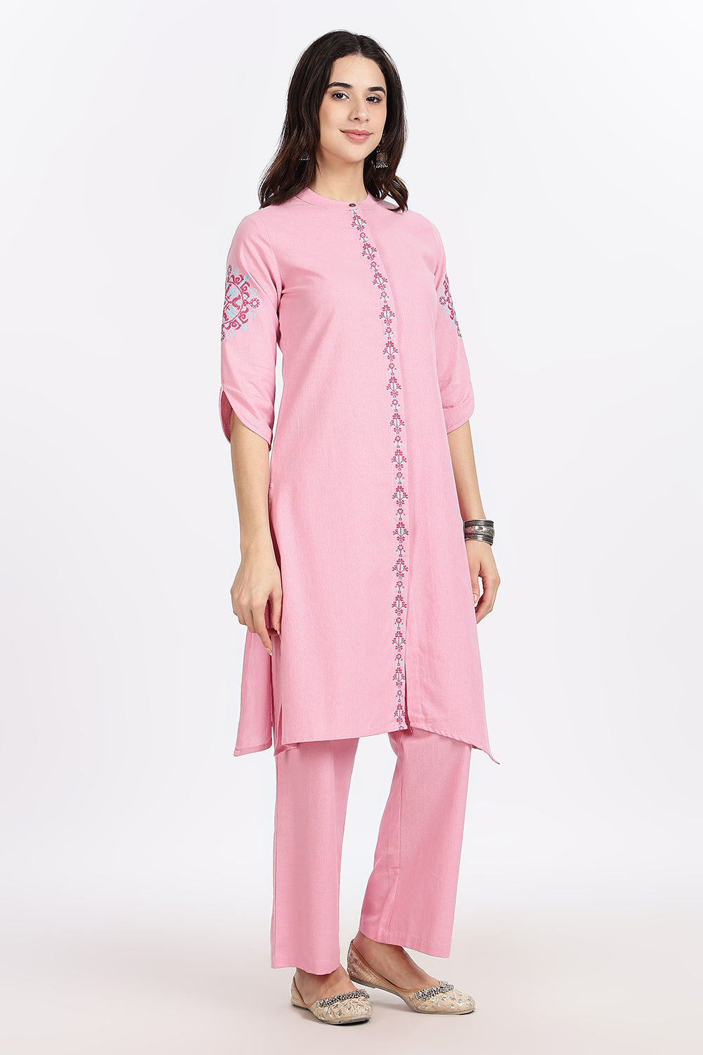 Mythri Women’s Cotton Embroidered Kurti with Asymmetric Hemline, Floral Thread Work & 3/4th Sleeves | Daily Wear Ethnic Kurta - KP25