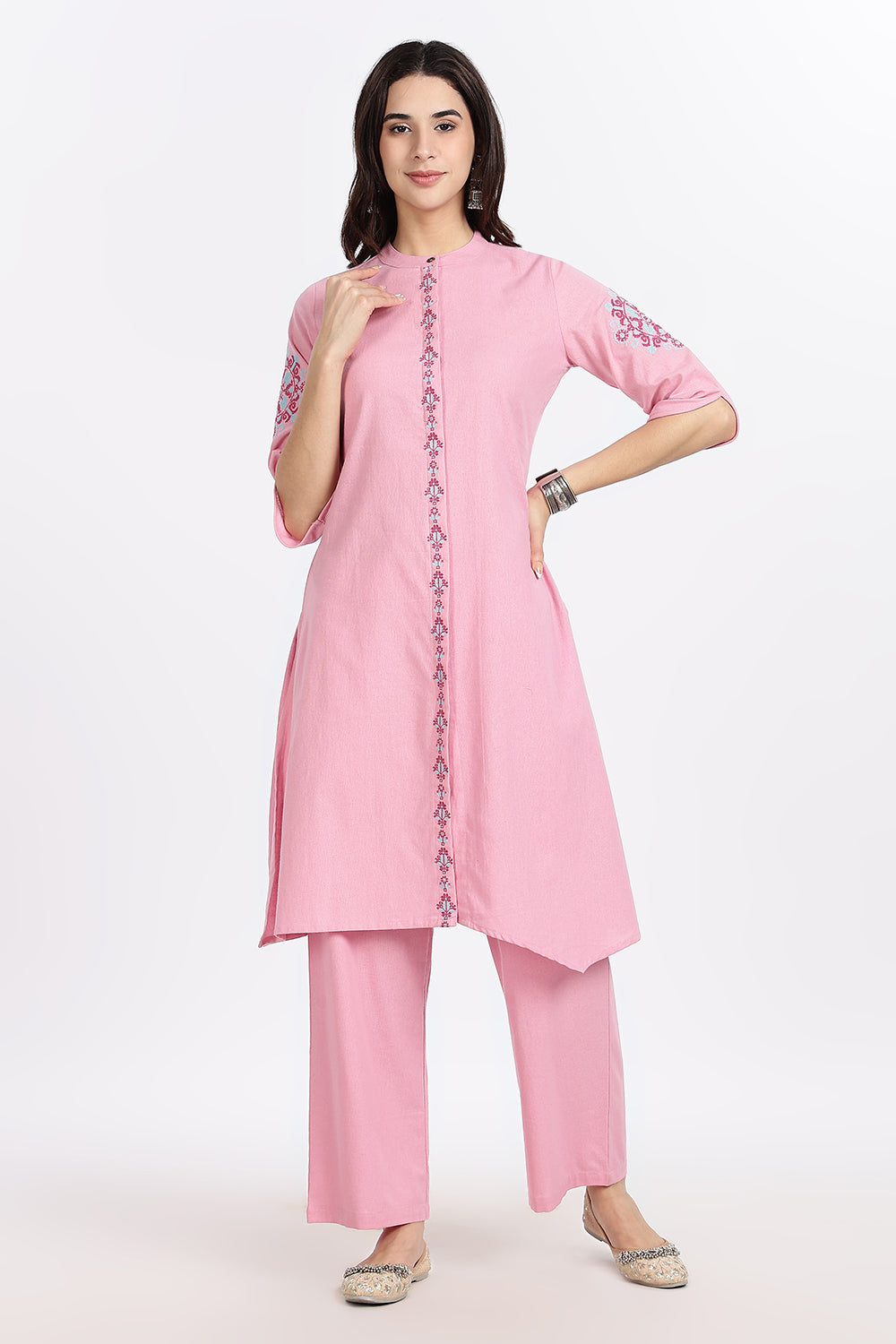 Mythri Women’s Cotton Embroidered Kurti with Asymmetric Hemline, Floral Thread Work & 3/4th Sleeves | Daily Wear Ethnic Kurta - KP25