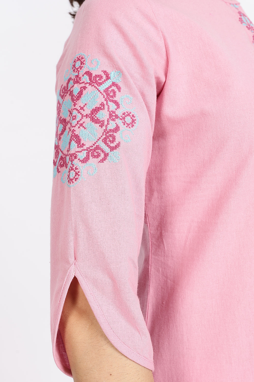 Mythri Women’s Cotton Embroidered Kurti with Asymmetric Hemline, Floral Thread Work & 3/4th Sleeves | Daily Wear Ethnic Kurta - KP25