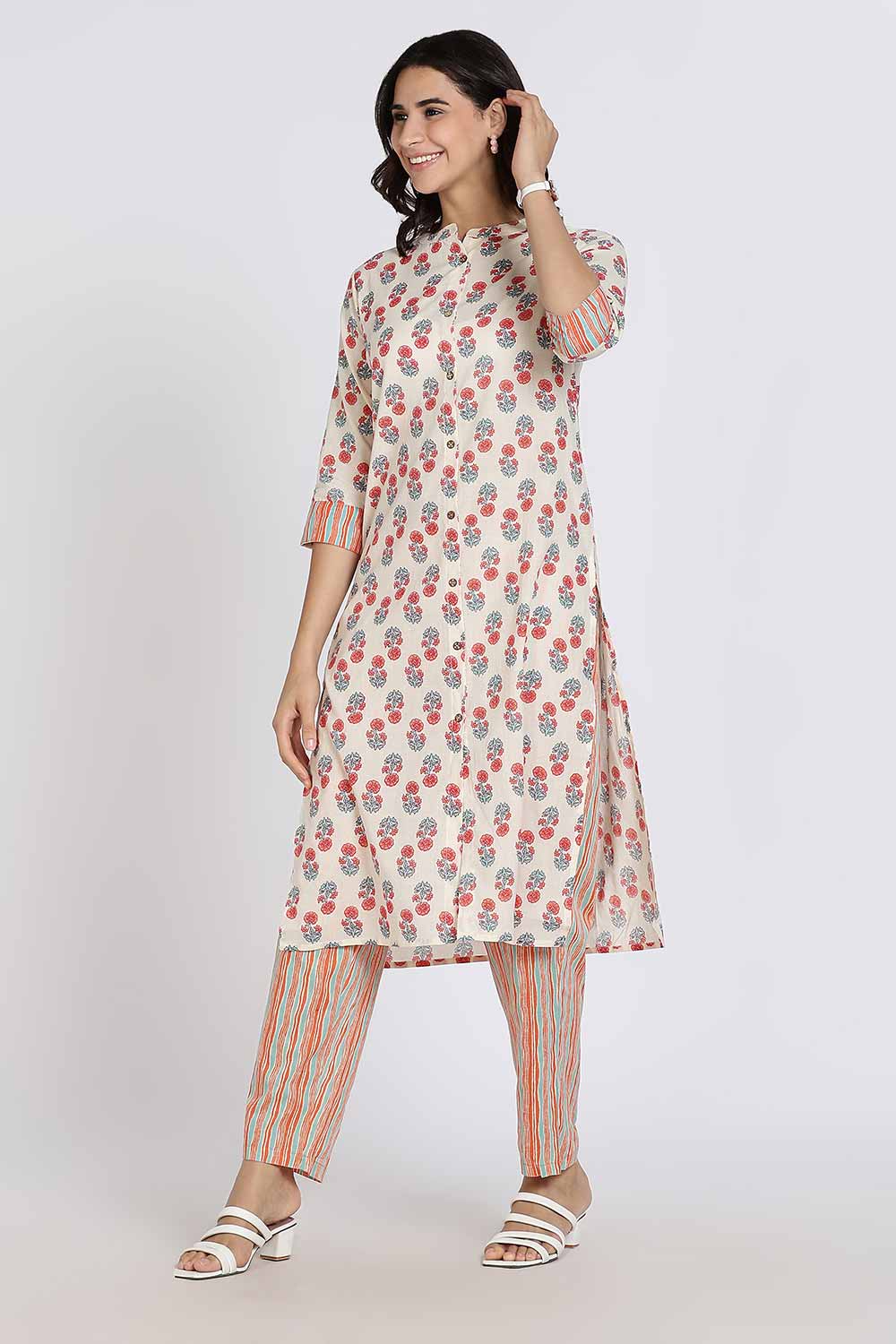 Mythri Women’s Cotton Kurti Set – Mandarin Collar Kurta with Front Slit & Straight Pants | Ethnic Wear Kurta Set for Women - Off White - K801