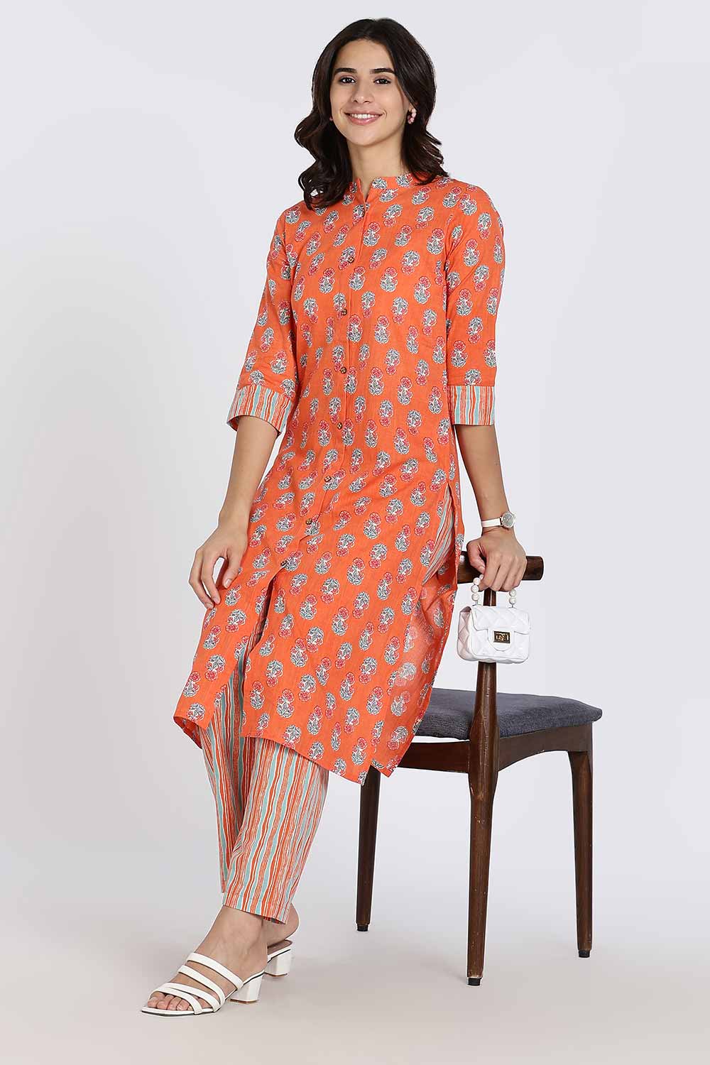 Mythri Women’s Cotton Kurti Set – Mandarin Collar Kurta with Front Slit & Straight Pants | Ethnic Wear Kurta Set for Women - Orange - K801