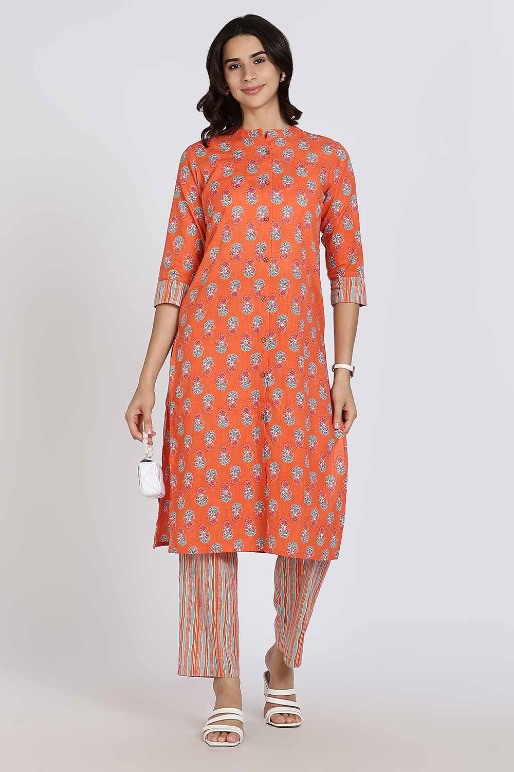 Mythri Women’s Cotton Kurti Set – Mandarin Collar Kurta with Front Slit & Straight Pants | Ethnic Wear Kurta Set for Women - Orange - K801