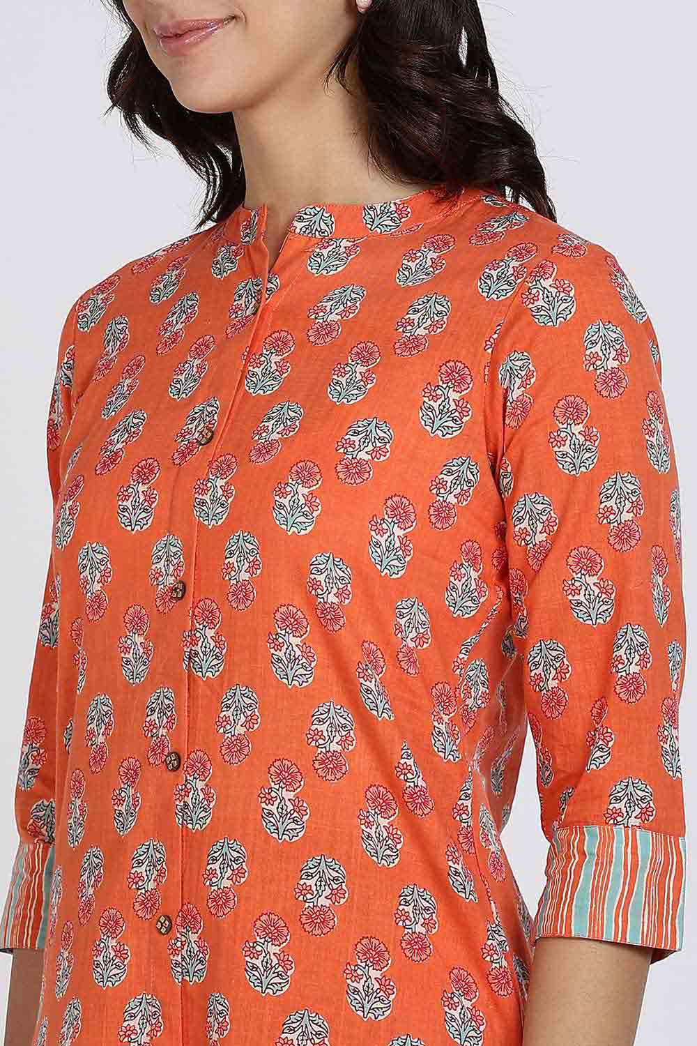 Mythri Women’s Cotton Kurti Set – Mandarin Collar Kurta with Front Slit & Straight Pants | Ethnic Wear Kurta Set for Women - Orange - K801