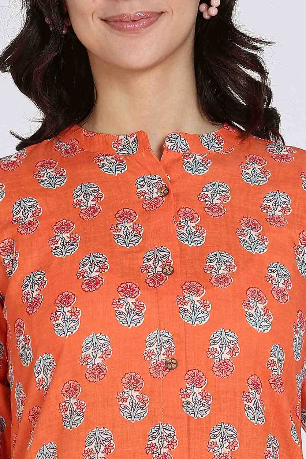 Mythri Women’s Cotton Kurti Set – Mandarin Collar Kurta with Front Slit & Straight Pants | Ethnic Wear Kurta Set for Women - Orange - K801