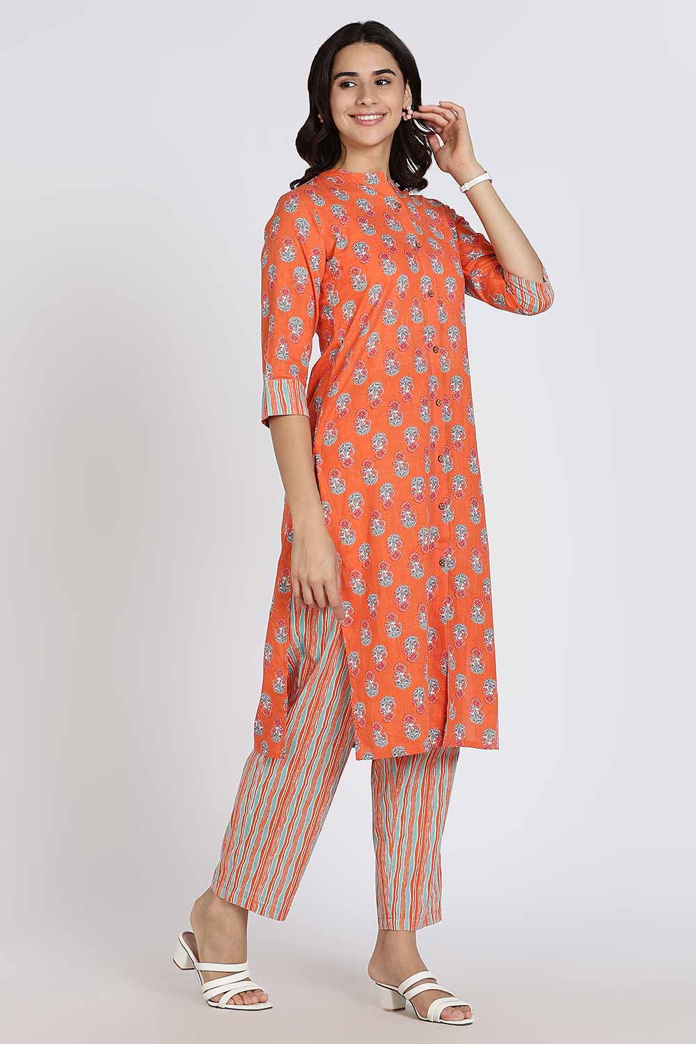 Mythri Women’s Cotton Kurti Set – Mandarin Collar Kurta with Front Slit & Straight Pants | Ethnic Wear Kurta Set for Women - Orange - K801