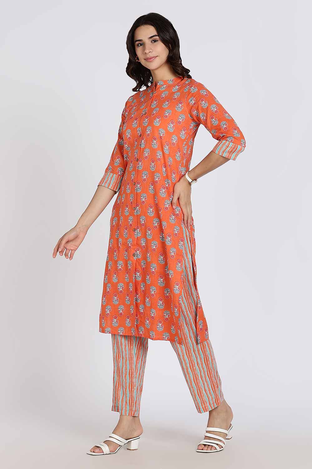 Mythri Women’s Cotton Kurti Set – Mandarin Collar Kurta with Front Slit & Straight Pants | Ethnic Wear Kurta Set for Women - Orange - K801