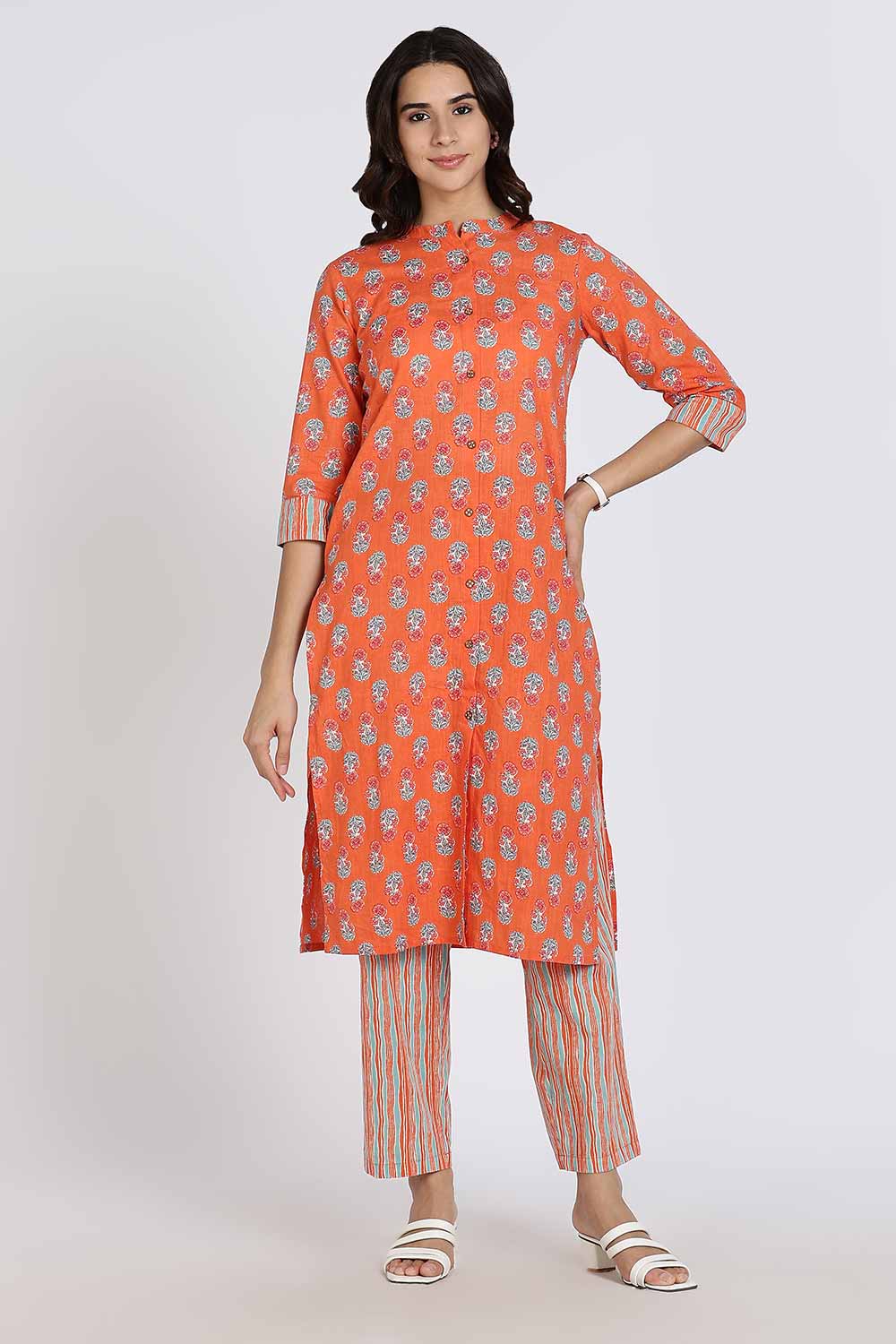 Mythri Women’s Cotton Kurti Set – Mandarin Collar Kurta with Front Slit & Straight Pants | Ethnic Wear Kurta Set for Women - Orange - K801