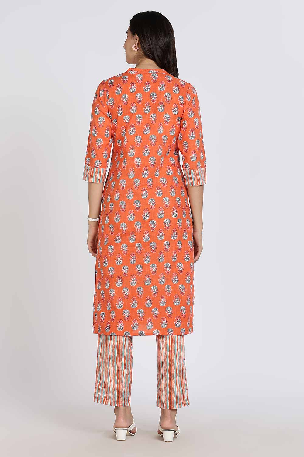 Mythri Women’s Cotton Kurti Set – Mandarin Collar Kurta with Front Slit & Straight Pants | Ethnic Wear Kurta Set for Women - Orange - K801