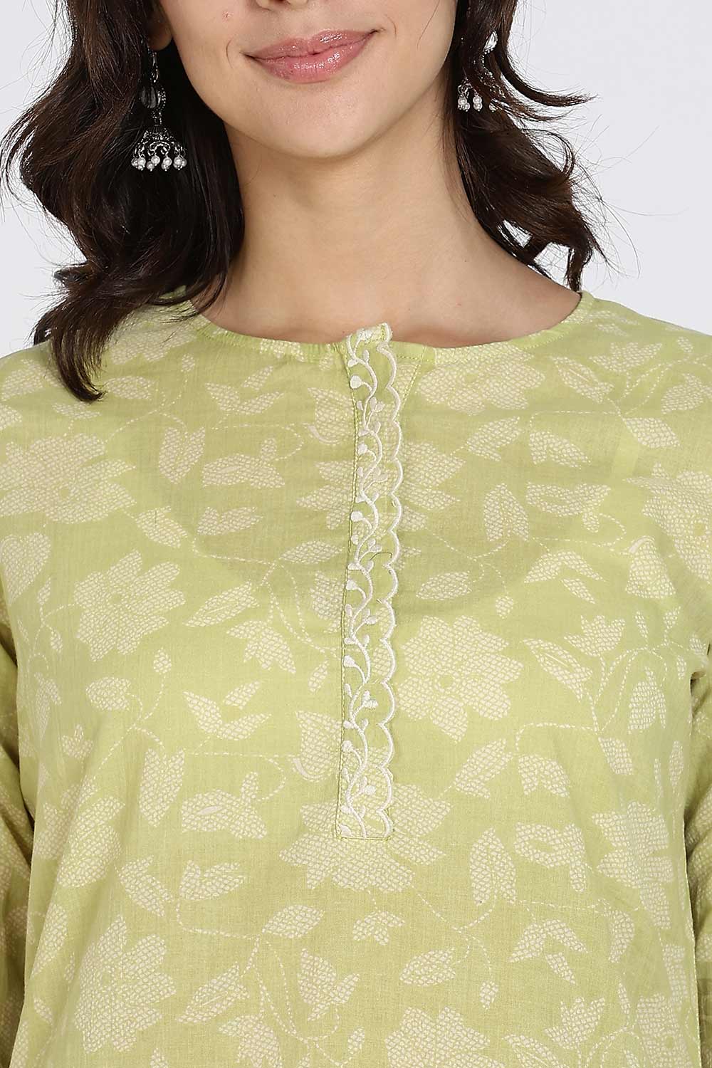 Mythri Elegant Cotton Kurthi Set for Women – Straight Cut Kurta with Embroidery & Pants | Daily Wear Ethnic Kurta Set - Green - K803