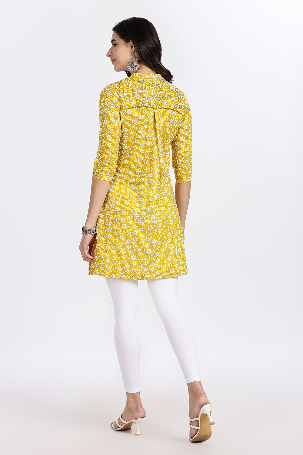 Mythri Women’s Printed Cotton Dobby Short Top – Geometric & Floral Block-Inspired Design with Mandarin Collar and 3/4th Sleeve - A201