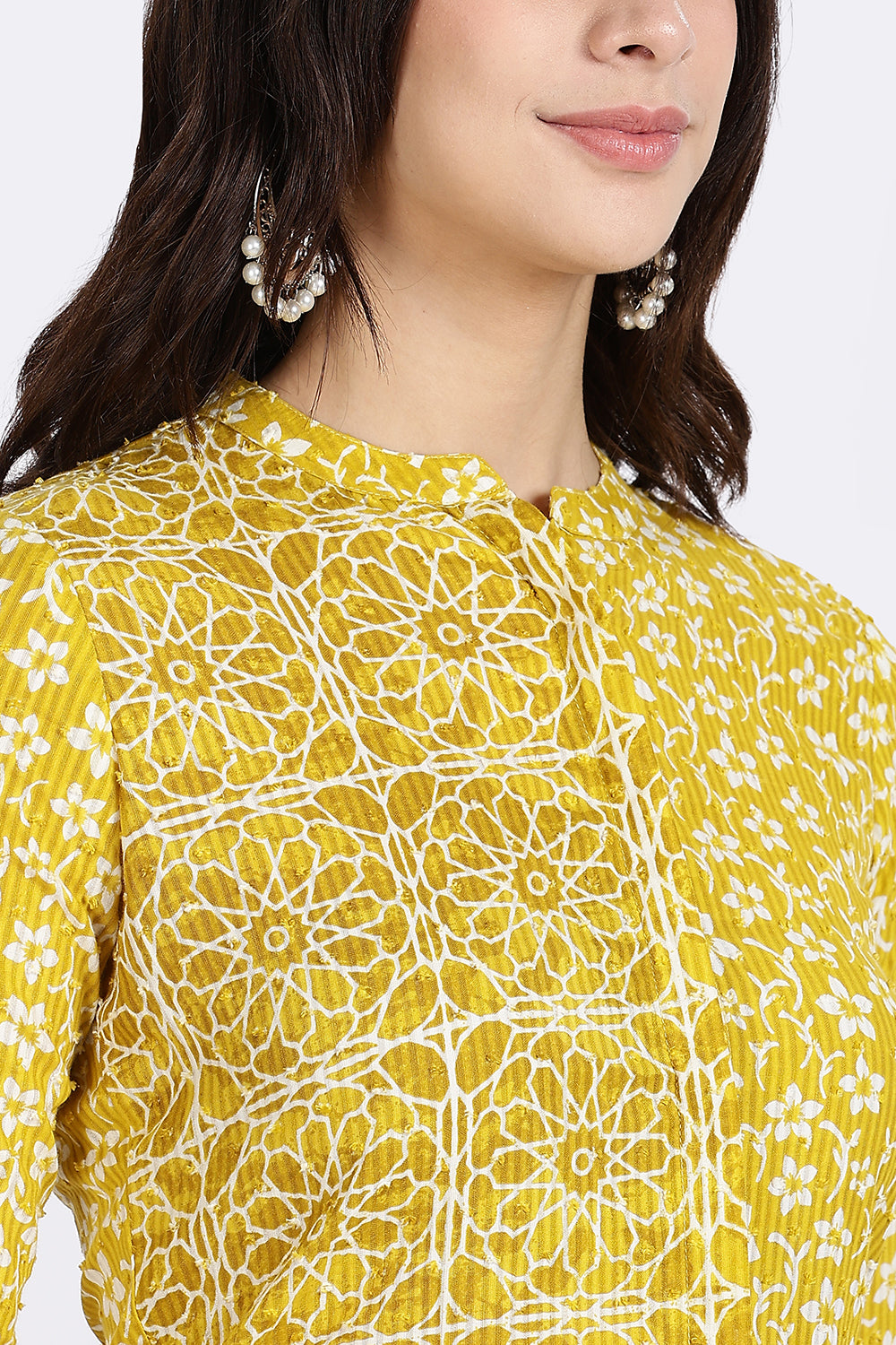 Mythri Women’s Printed Cotton Dobby Short Top – Geometric & Floral Block-Inspired Design with Mandarin Collar and 3/4th Sleeve - A201