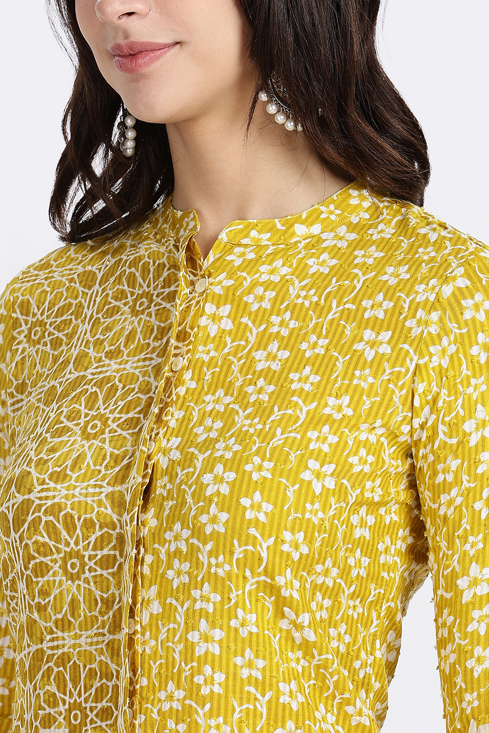 Mythri Women’s Printed Cotton Dobby Short Top – Geometric & Floral Block-Inspired Design with Mandarin Collar and 3/4th Sleeve - A201