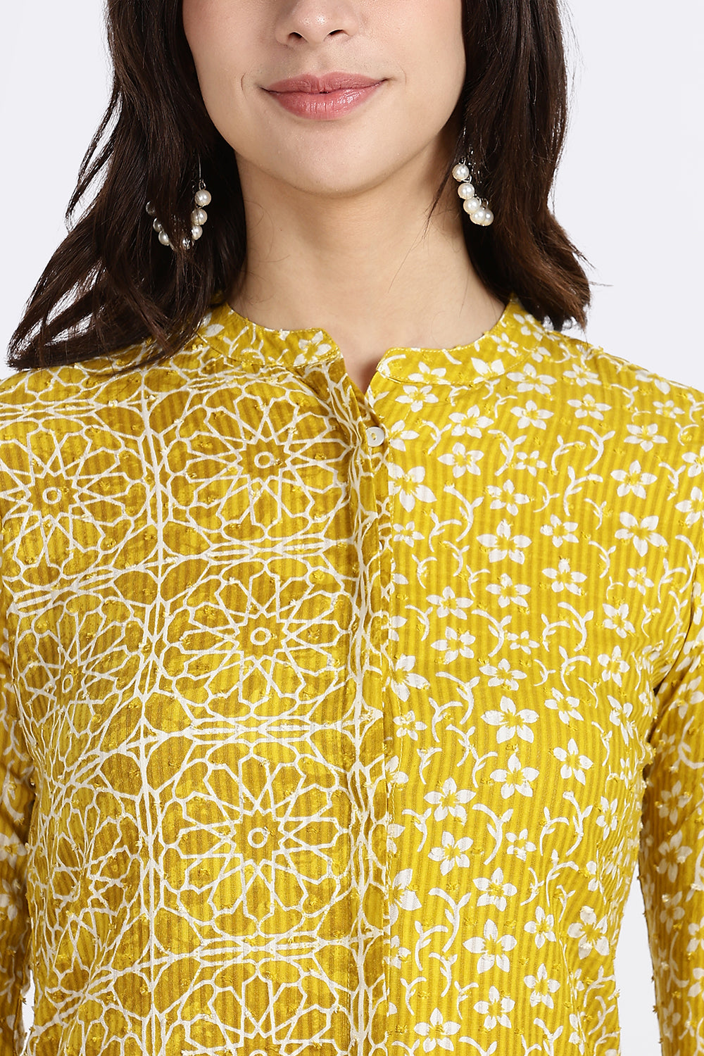 Mythri Women’s Printed Cotton Dobby Short Top – Geometric & Floral Block-Inspired Design with Mandarin Collar and 3/4th Sleeve - A201