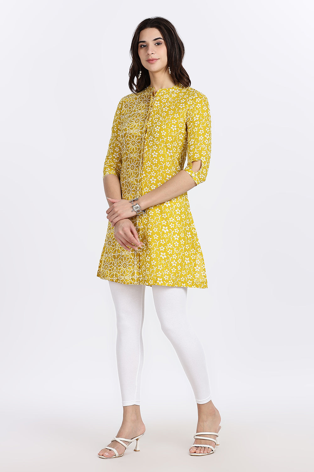 Mythri Women’s Printed Cotton Dobby Short Top – Geometric & Floral Block-Inspired Design with Mandarin Collar and 3/4th Sleeve - A201