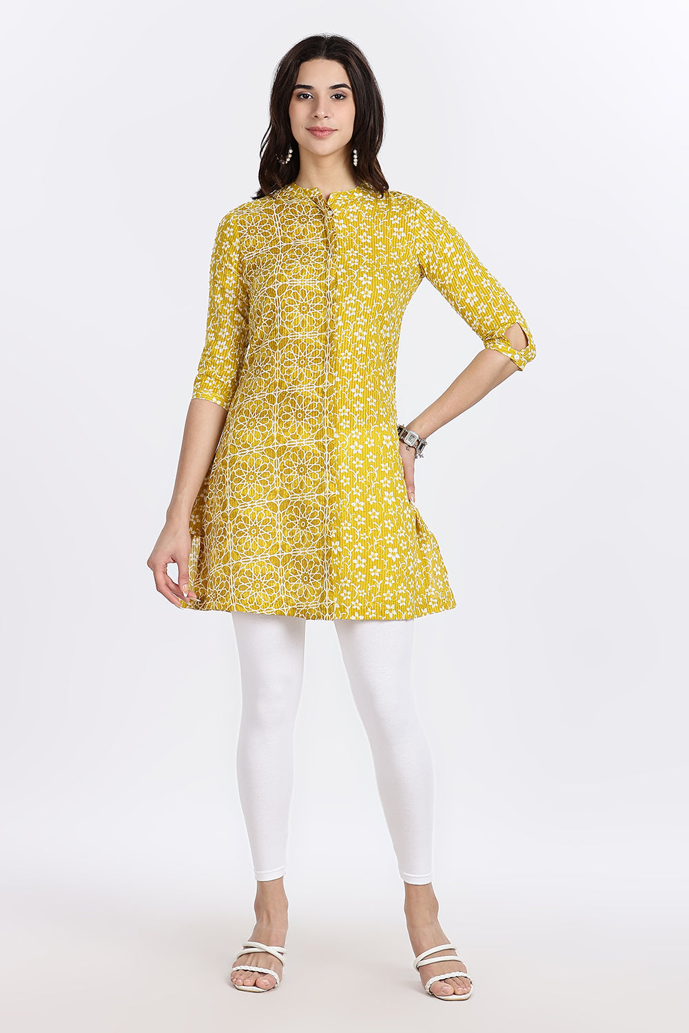 Mythri Women’s Printed Cotton Dobby Short Top – Geometric & Floral Block-Inspired Design with Mandarin Collar and 3/4th Sleeve - A201