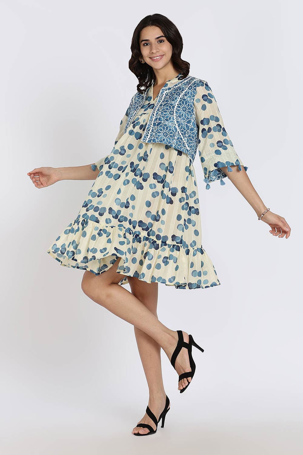 Mythri Women’s Cotton Cambric Dress | Flared Daily Wear with Embroidered Overcoat & Polka Print - Blue - K203