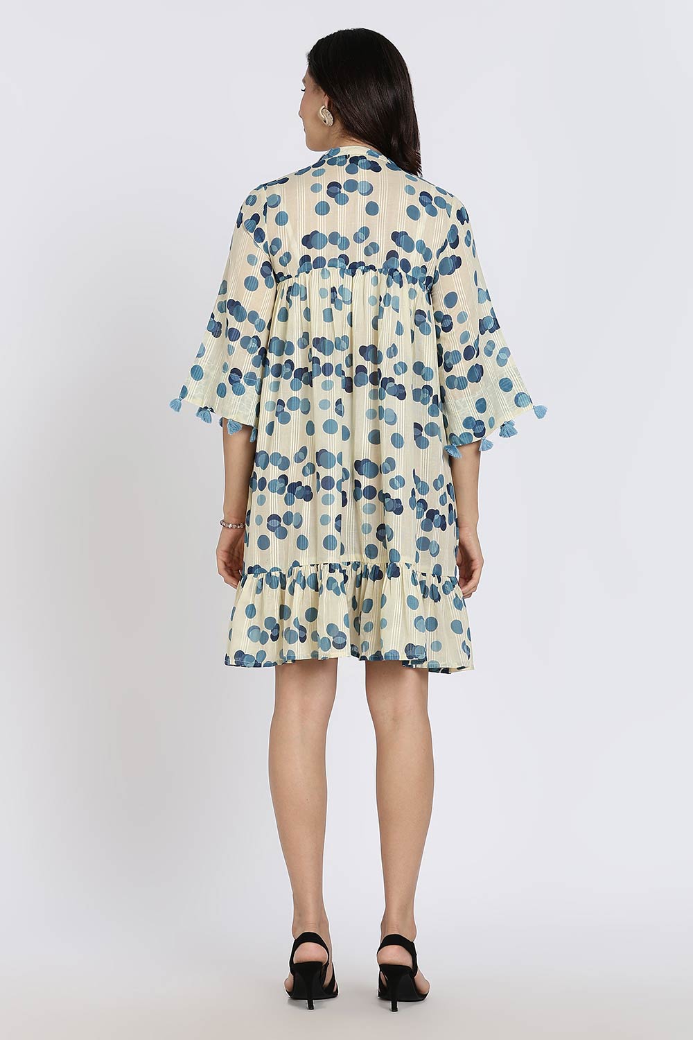 Mythri Women’s Cotton Cambric Dress | Flared Daily Wear with Embroidered Overcoat & Polka Print - Blue - K203