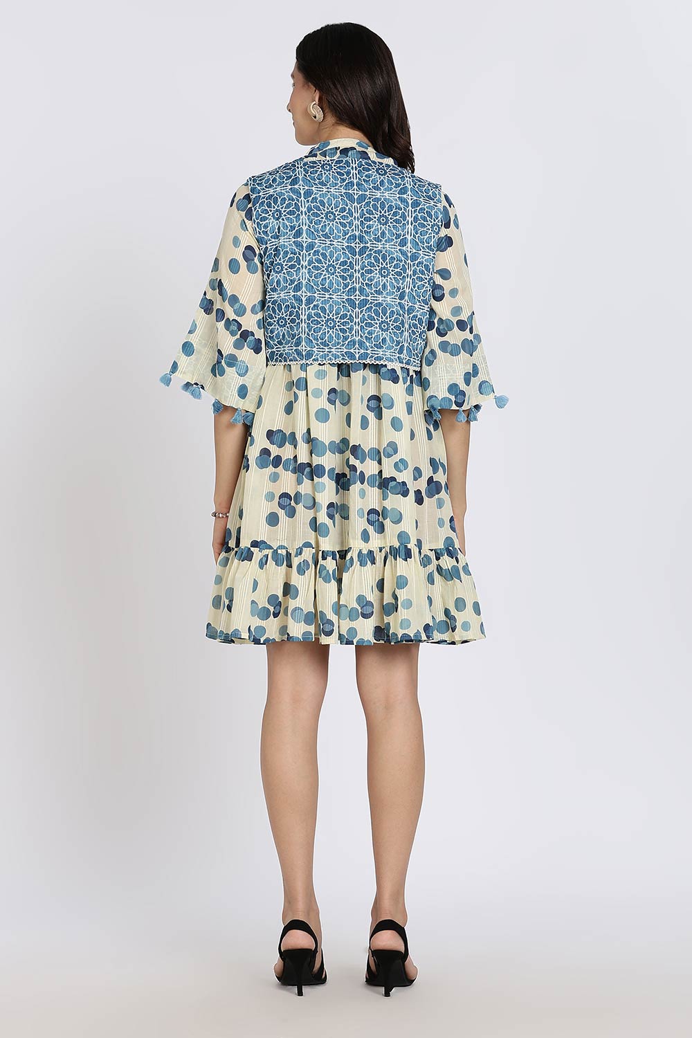 Mythri Women’s Cotton Cambric Dress | Flared Daily Wear with Embroidered Overcoat & Polka Print - Blue - K203