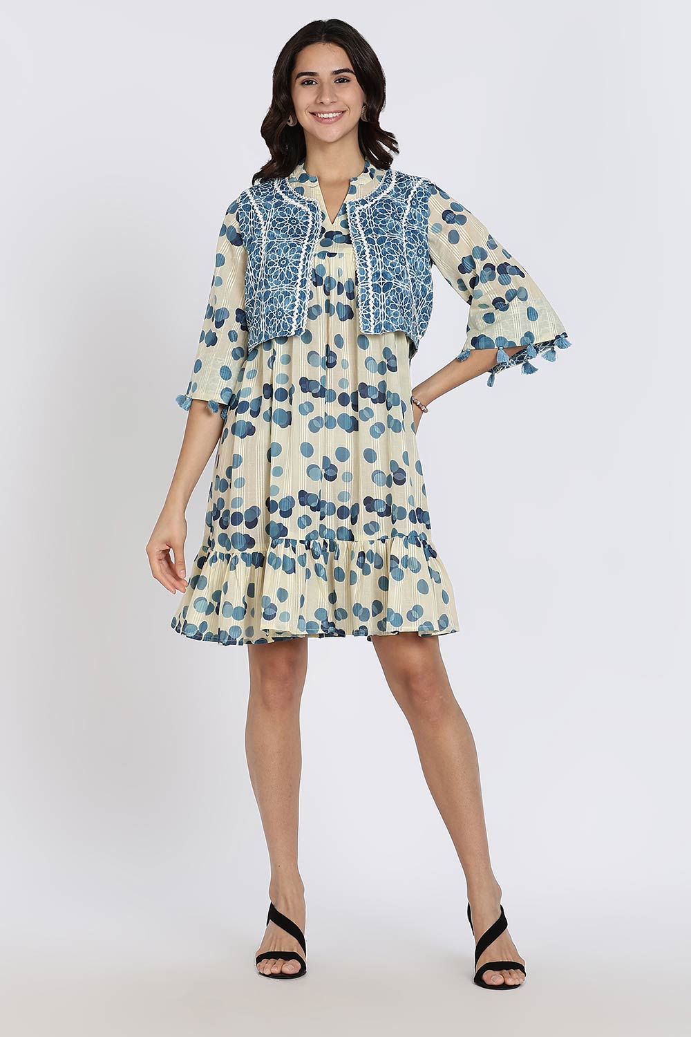 Mythri Women’s Cotton Cambric Dress | Flared Daily Wear with Embroidered Overcoat & Polka Print - Blue - K203