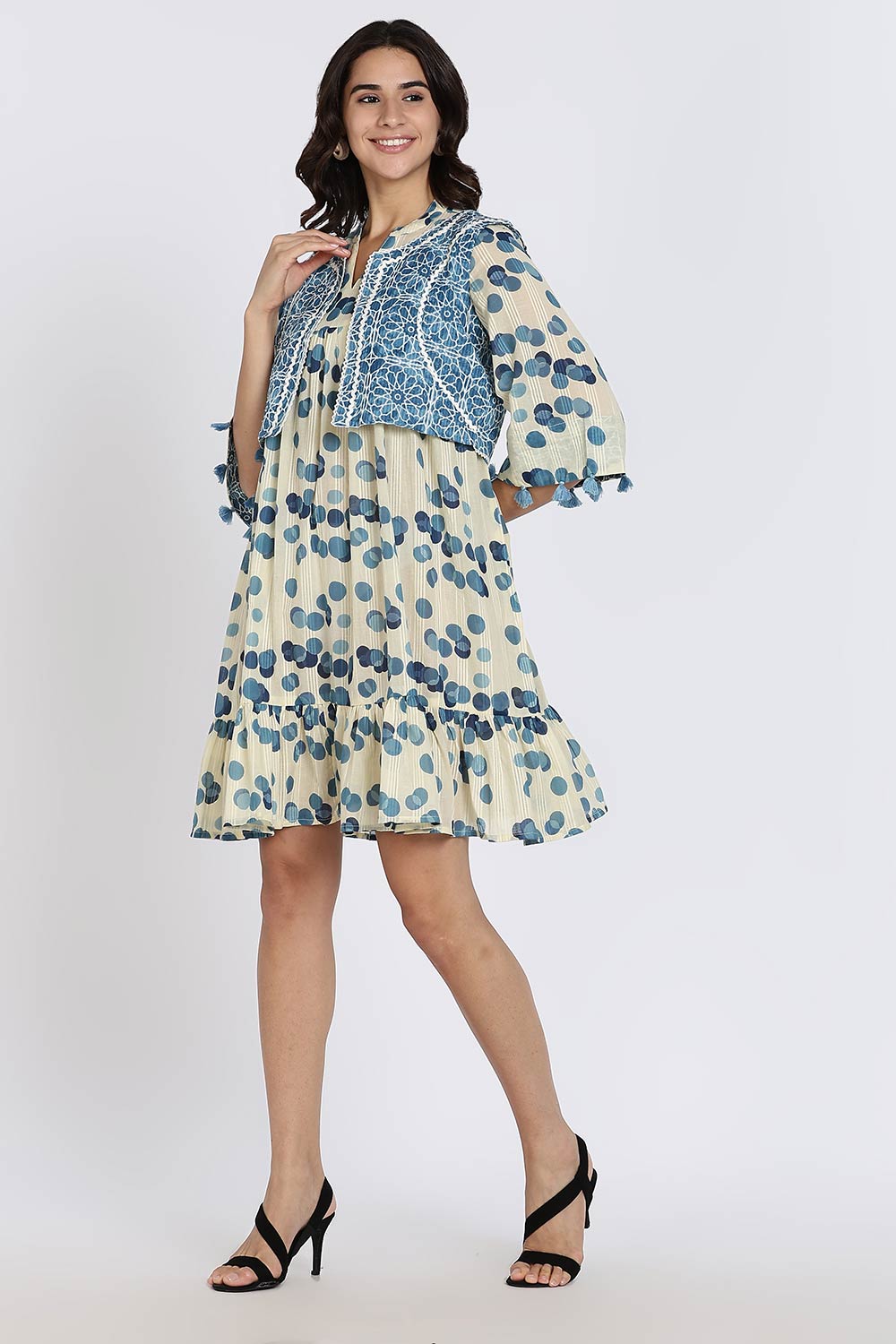 Mythri Women’s Cotton Cambric Dress | Flared Daily Wear with Embroidered Overcoat & Polka Print - Blue - K203