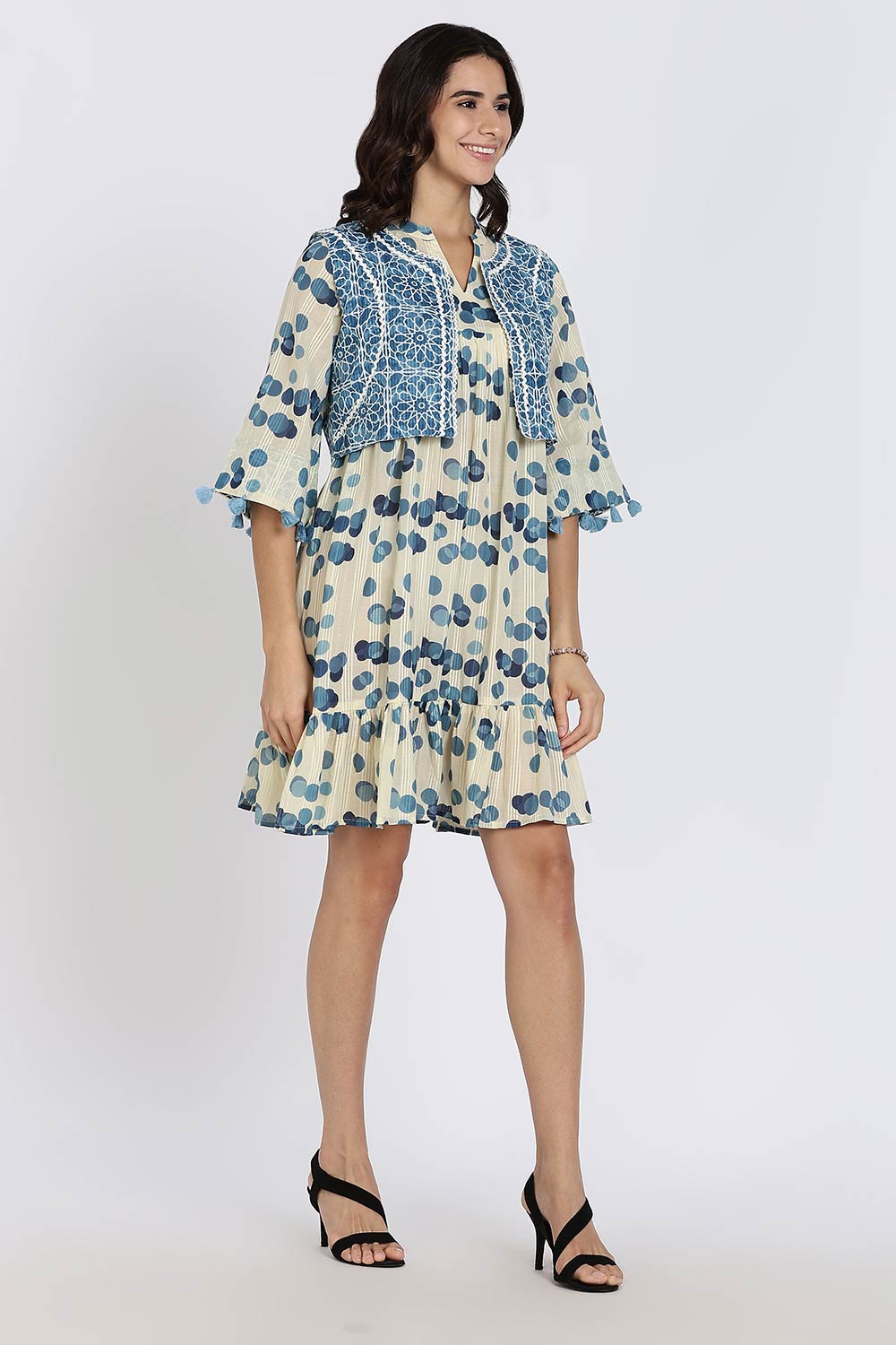 Mythri Women’s Cotton Cambric Dress | Flared Daily Wear with Embroidered Overcoat & Polka Print - Blue - K203